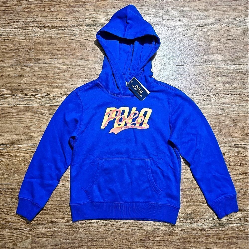 Polo Ralph Lauren Varsity Logo Hoodie Blue Orange Youth Medium M Cotton Blend LE